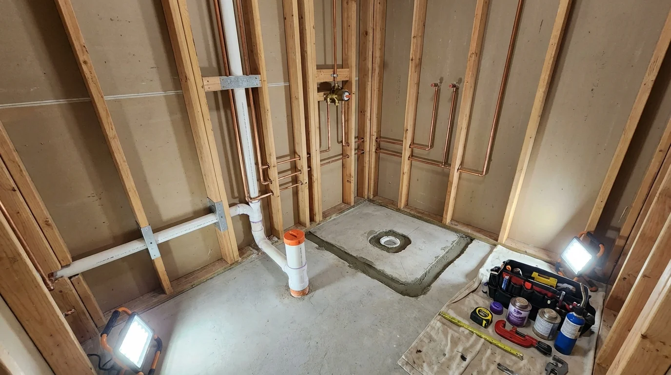 Bathroom rough-in plumbing during remodel by Johns Plumbing LLC in Walnutport