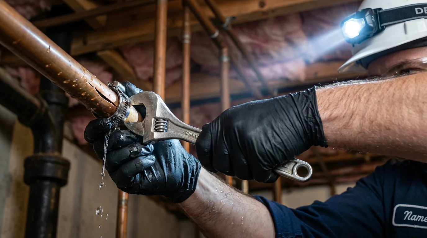 Emergency pipe clamp repair being performed by a Johns Plumbing LLC plumber in Walnutport