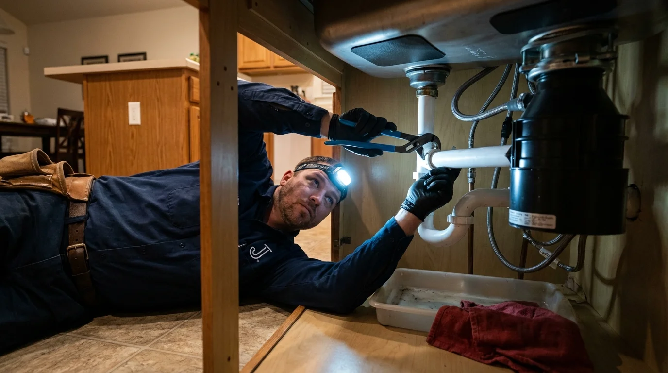 P-trap and supply line connections under a kitchen sink showing a common leak point in Walnutport, PA